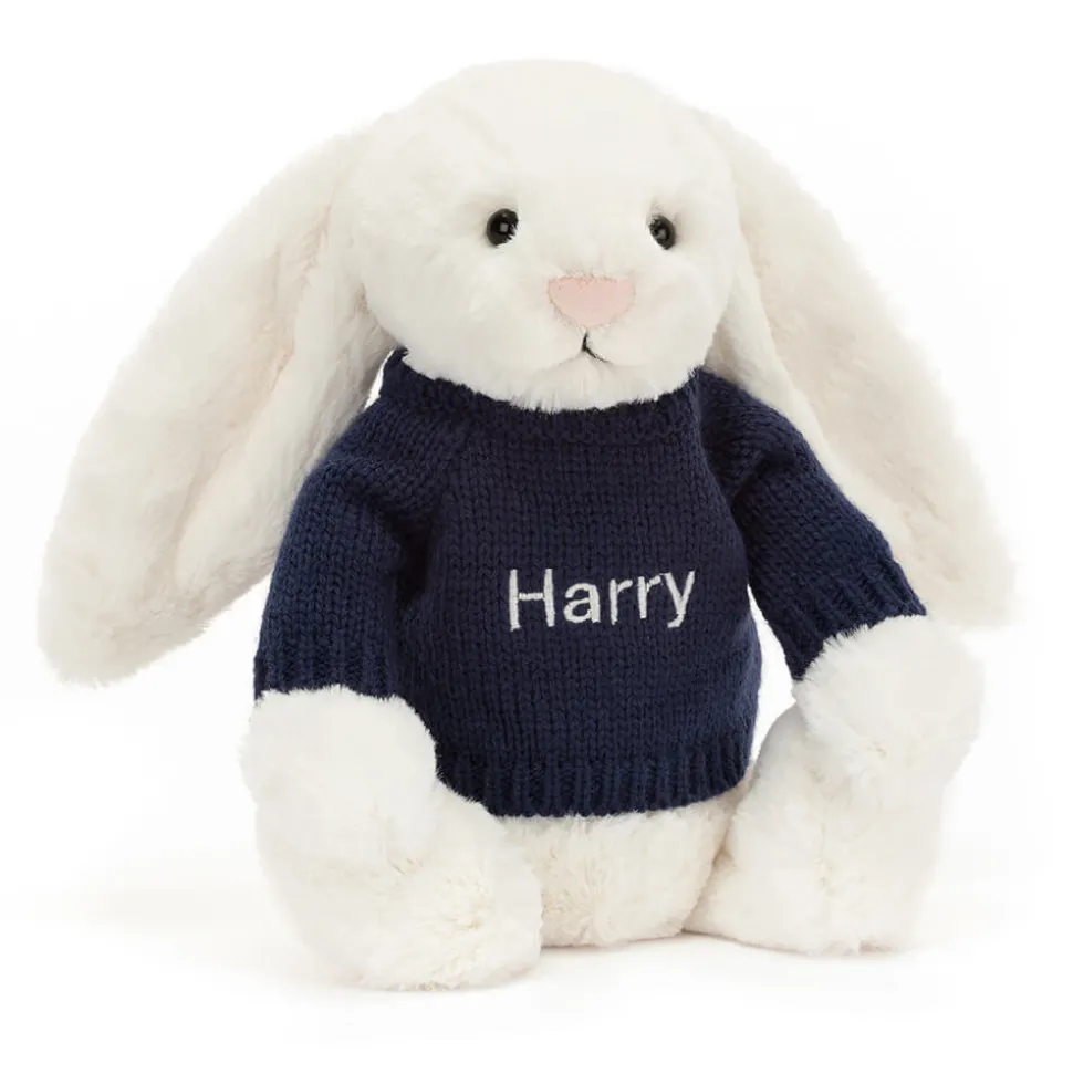 Bashful Cream Bunny with Personalised Navy Jumper