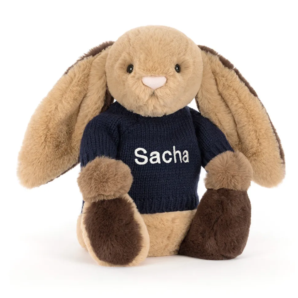 Bashful Patchwork Brown Bunny with Personalised Navy Jumper