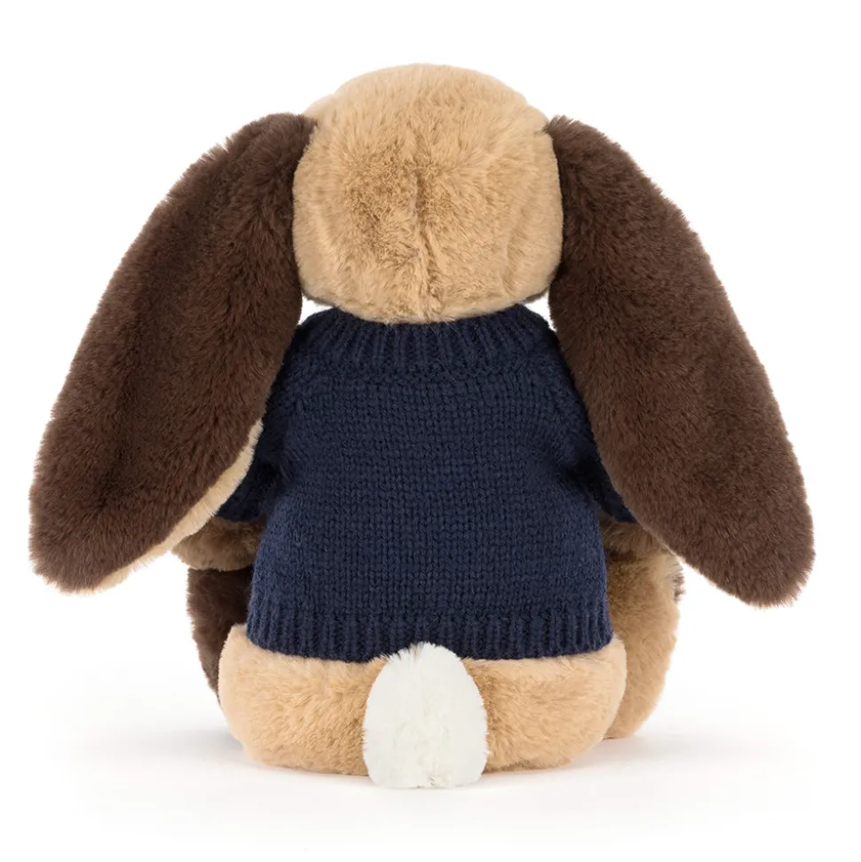 Bashful Patchwork Brown Bunny with Personalised Navy Jumper