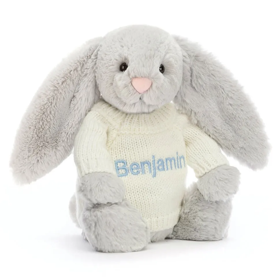 Bashful Silver Bunny with Personalised Cream Jumper